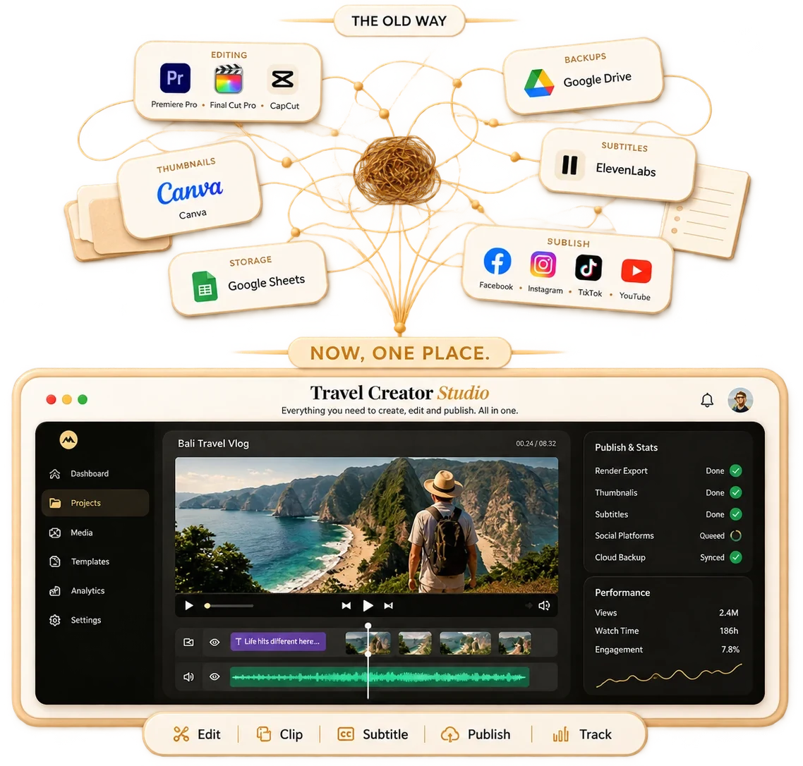 The old way — six tools tangled together — becomes one place: Travel Creator Studio